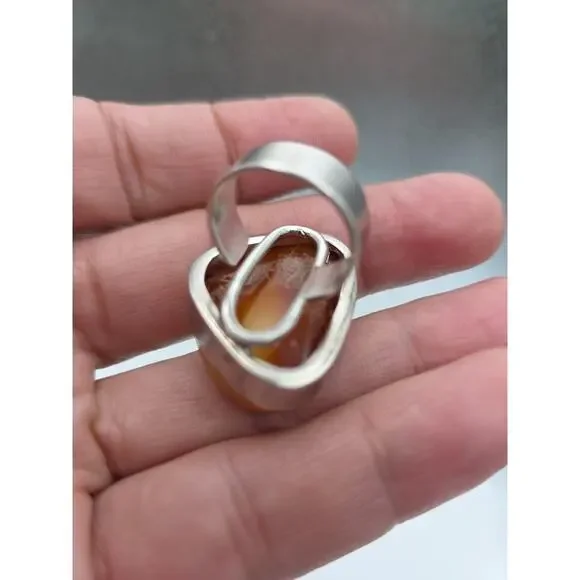 Vintage Sterling Silver 925 Egg Yolk Butterscotch Ring Amber Adjustable Size 9